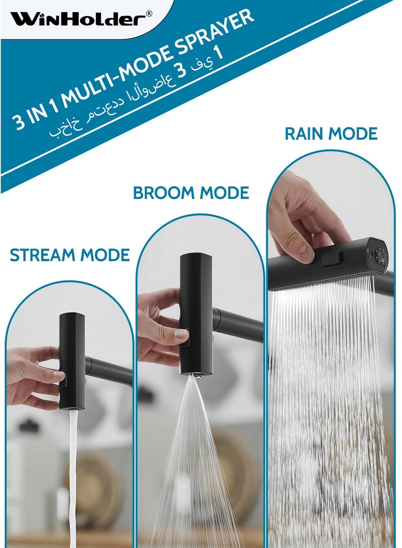 WinHolder 3 Function Sprayer Black Kitchen Faucets with Pull Down Sprayer, Waterfall Kitchen Sink Faucet, Commercial Utility Stainless Steel Kitchen Faucets, Single Handle Kitchen Sink Faucet with Pull Down - Image 2